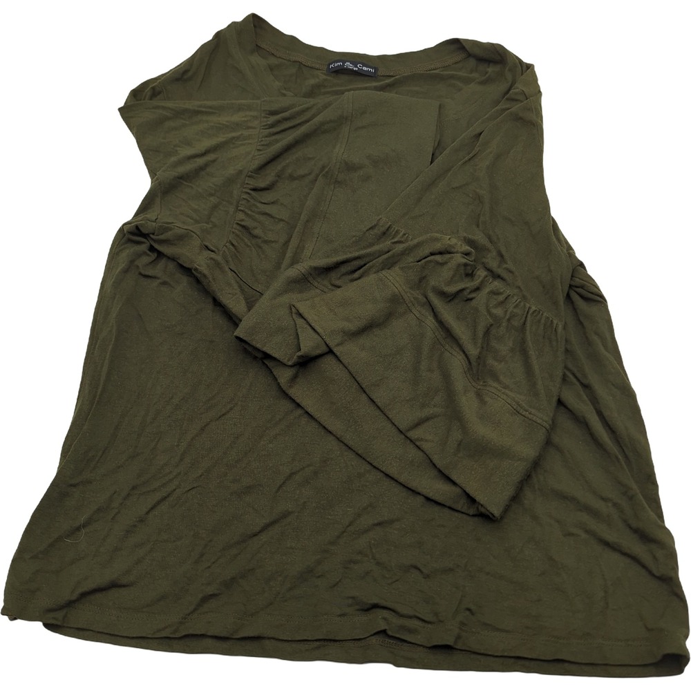Kim & Cami Olive Green Tiered Bell Sleeve Top XL Rayon Blend Round Neck A05547